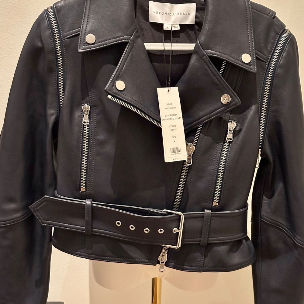 Veronica Beard Jylan Leather Moto Jacket & Vest combo/ Navy w/silver zipp size 4 - Picture 8 of 11